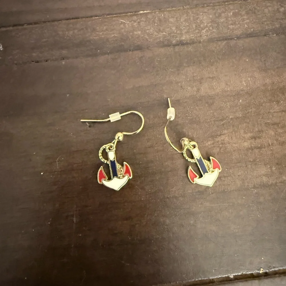 Nautical Gold and Red Anchor Earrings